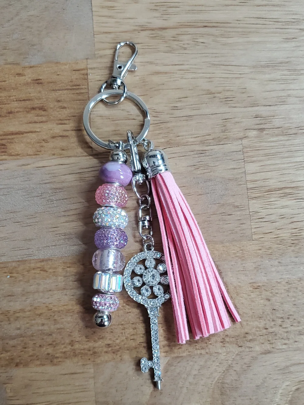 Elegant Pink and Purple Beaded Keychain with Crystal Key Charm